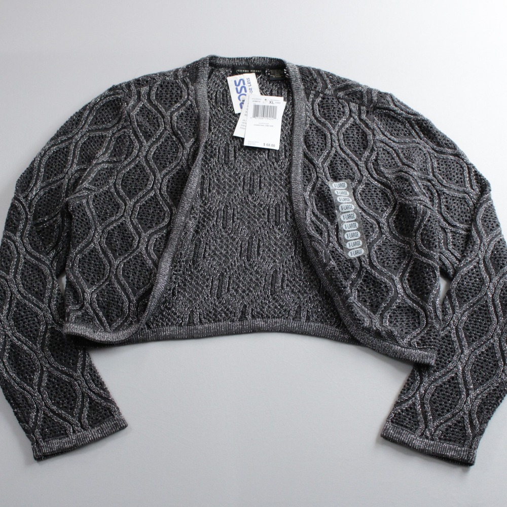 Jeanne Pierre Charcoal Grey Metallic Knit Cropped Bolero Shrug Cardigan XL NWT